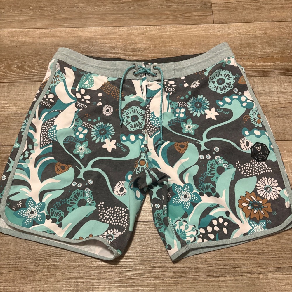 Vissla‎ Board Shorts Mens 36 Teal Floral Upcycled Coconut Stretch Swim Trunks